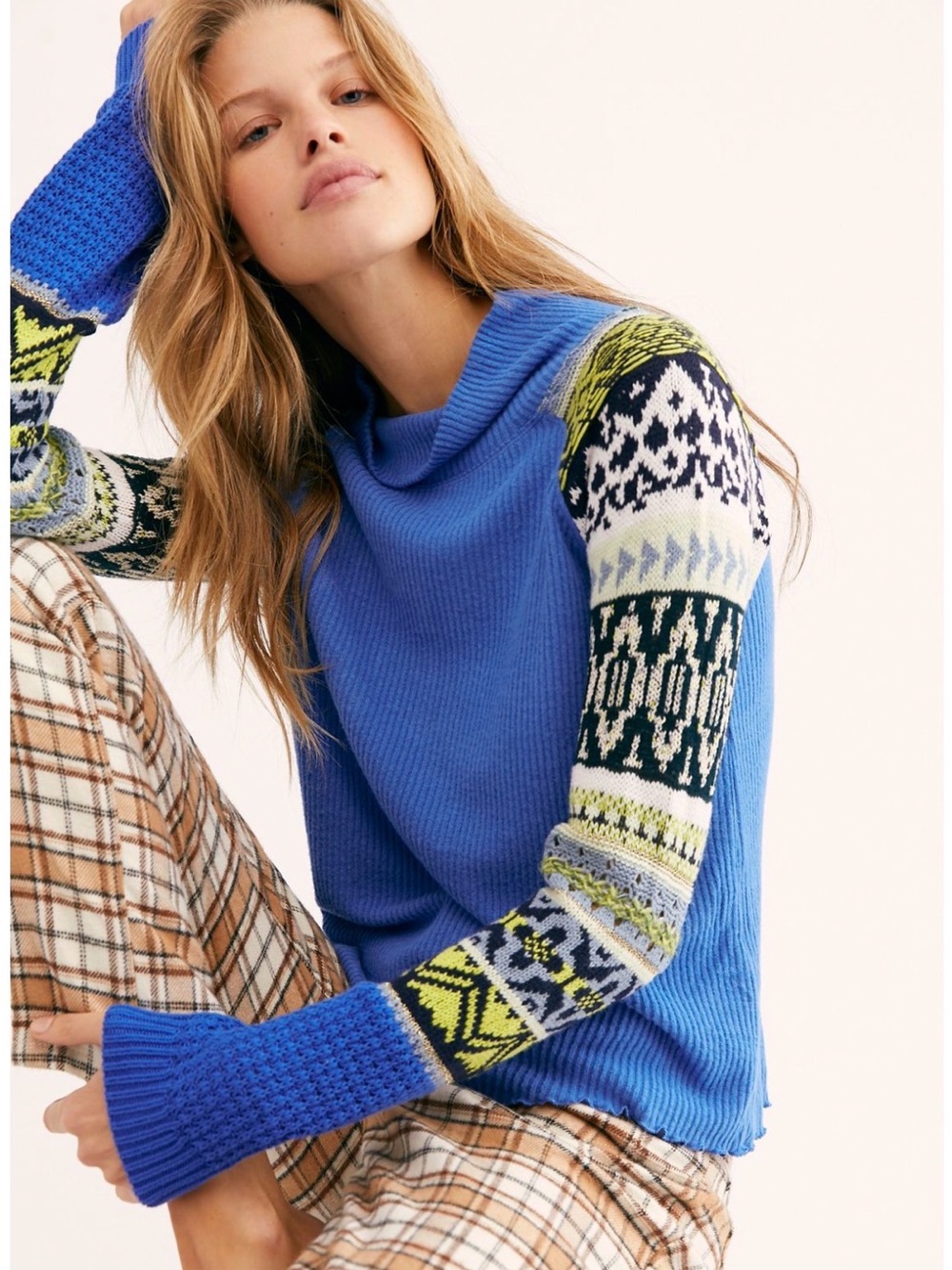 Free People Blue Turtleneck Sweater with Patterned Raglan Sleeves
